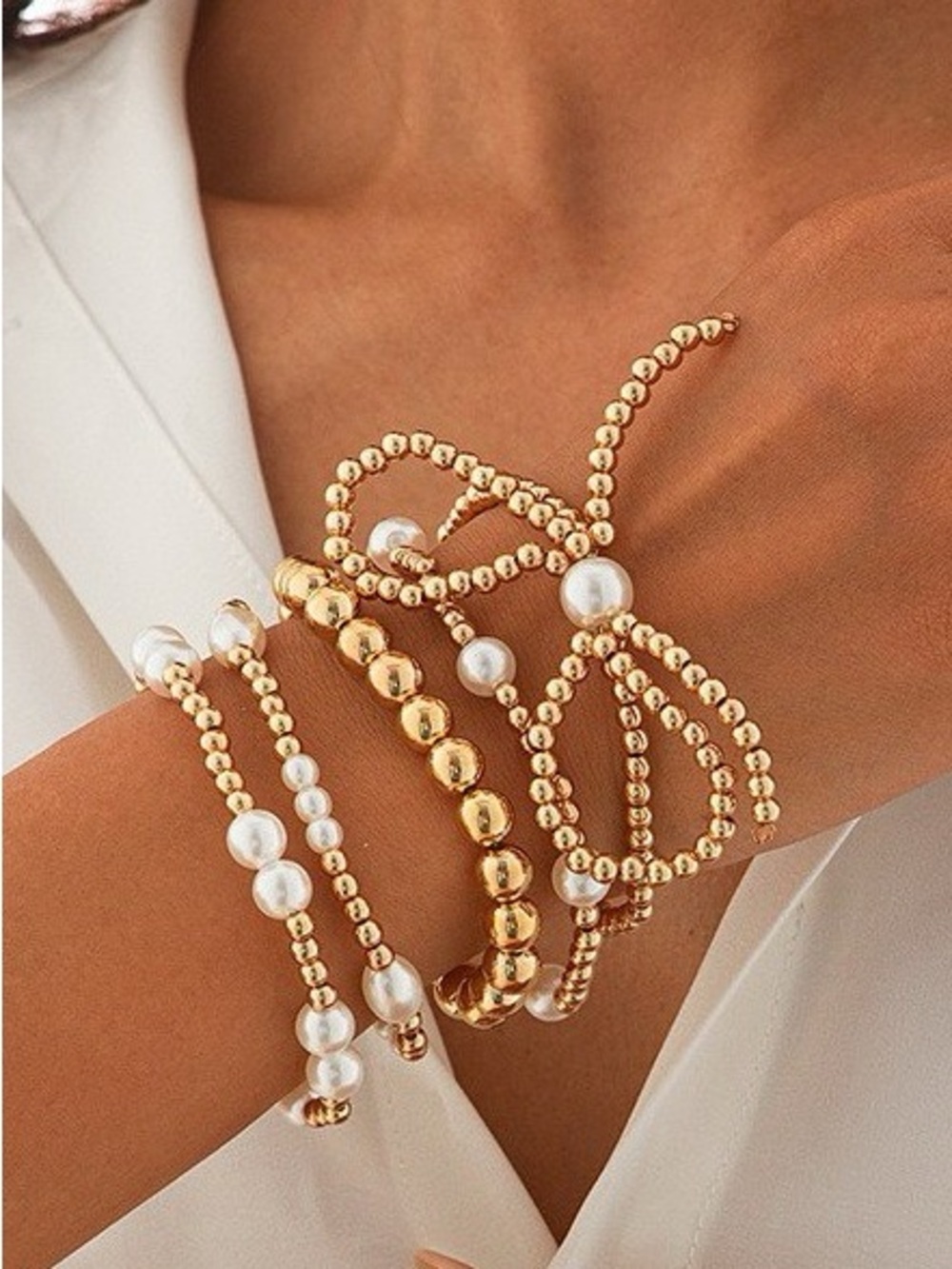 JOSSLYN by Wall to Wall Multilayer Ball Chain Bead Pearl Bow Bracelet Set